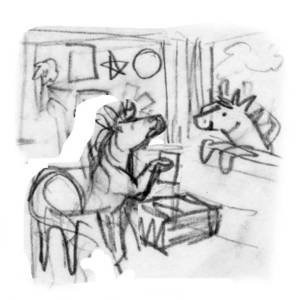 This rough sketch adds many more details of Itty & Bitty planning their road trip. 
