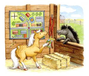 Ta-da! Rose's final illustration. You can see how she drew with fine lines, then colored in the pictures with watercolors. The barn setting, the map on the wall, & the pasture in the distance show more than the poem can tell. This is how Rose adds so much to the story! 